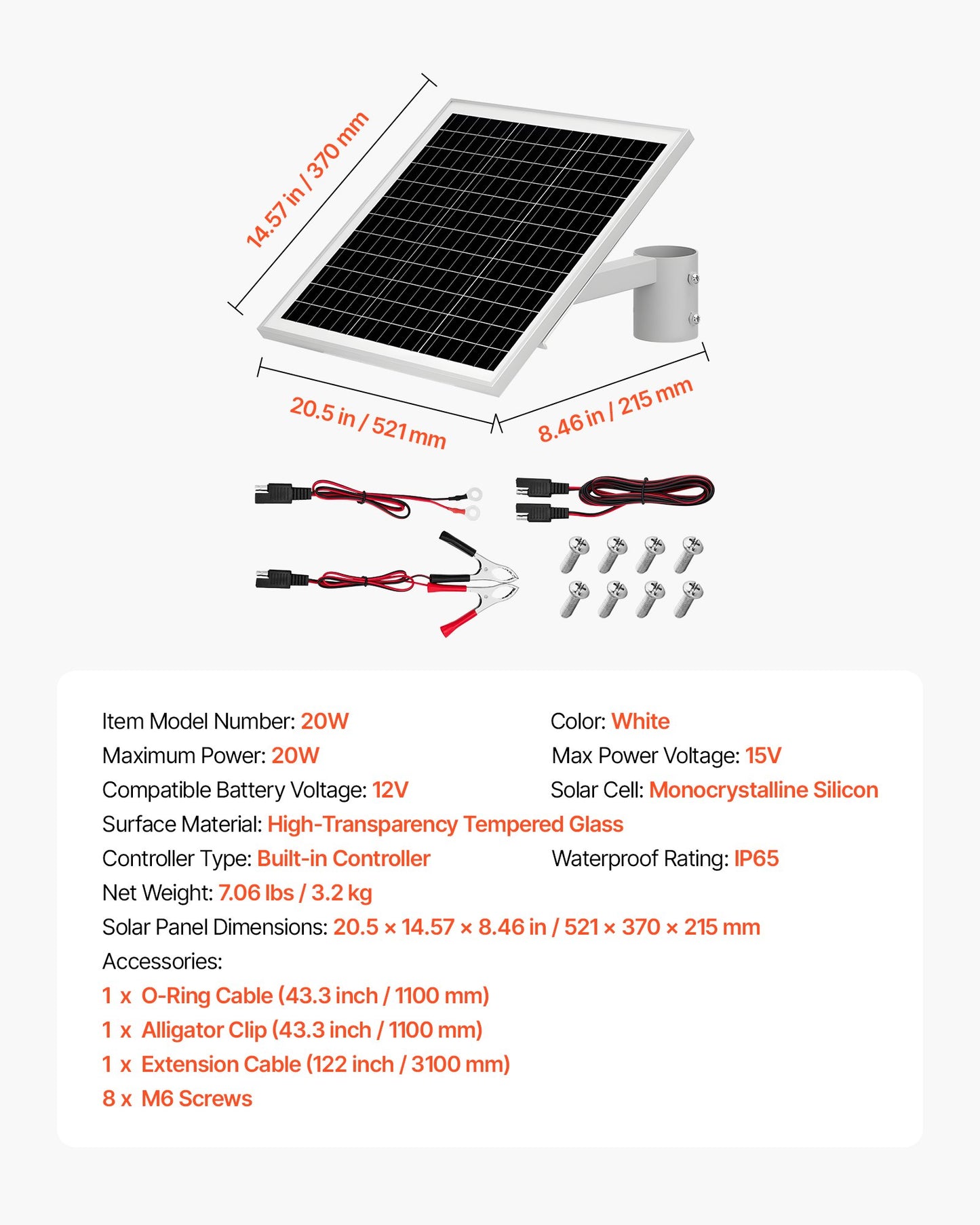 20W 12V Solar Panel Battery Charger, Solar Battery Trickle Charger Maintainer with Built-in Controller & Pole Mount Bracket, IP65 Waterproof for Gate Fence Farm Lawn (Fits 1.57" - 2.68" Poles)