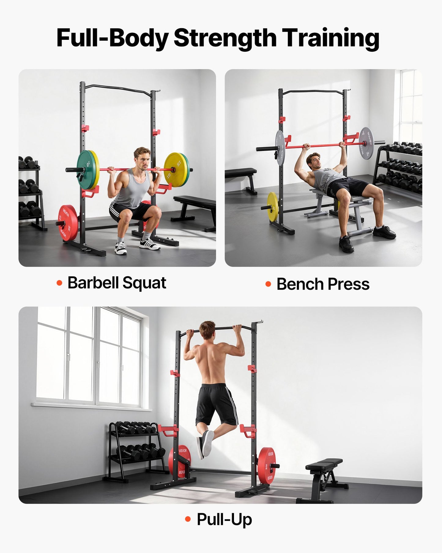 Power Cage Squat Rack, Multifunctional Power Rack Home Gym, Strength Training Workout Equipment with 4 Band Pegs, Adjustable J-Hooks & Safety Bars for Barbell Squat Bench Press Pull-Up