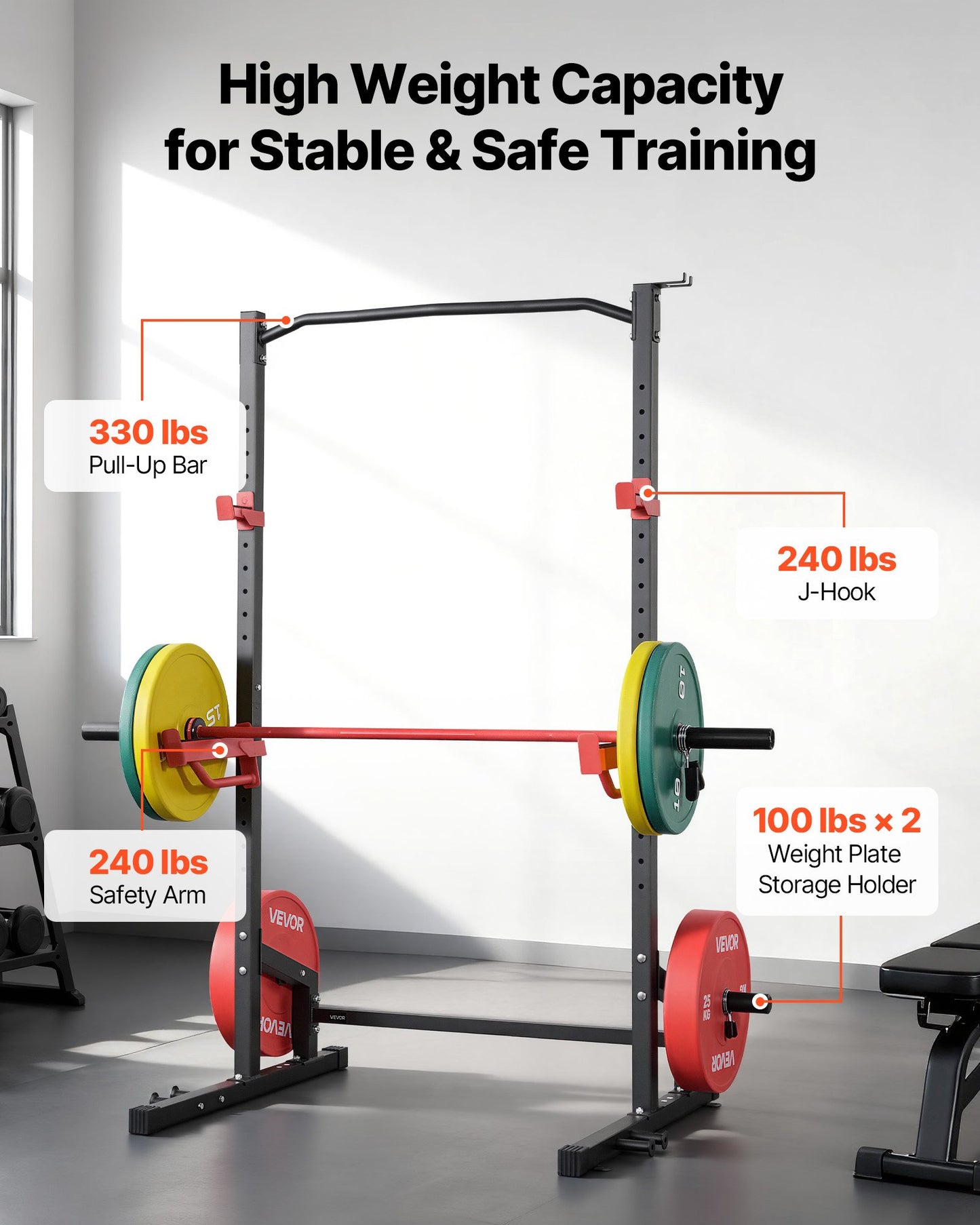 Power Cage Squat Rack, Multifunctional Power Rack Home Gym, Strength Training Workout Equipment with 4 Band Pegs, Adjustable J-Hooks & Safety Bars for Barbell Squat Bench Press Pull-Up