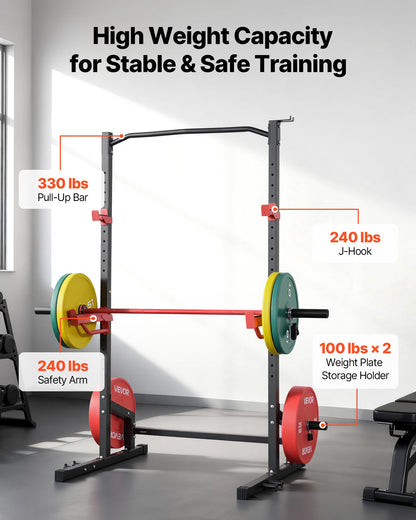Power Cage Squat Rack, Multifunctional Power Rack Home Gym, Strength Training Workout Equipment with 4 Band Pegs, Adjustable J-Hooks & Safety Bars for Barbell Squat Bench Press Pull-Up