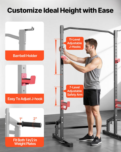 Power Cage Squat Rack, Multifunctional Power Rack Home Gym, Strength Training Workout Equipment with 4 Band Pegs, Adjustable J-Hooks & Safety Bars for Barbell Squat Bench Press Pull-Up