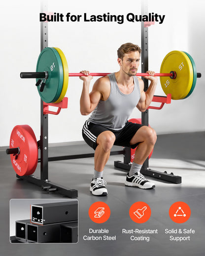 Power Cage Squat Rack, Multifunctional Power Rack Home Gym, Strength Training Workout Equipment with 4 Band Pegs, Adjustable J-Hooks & Safety Bars for Barbell Squat Bench Press Pull-Up