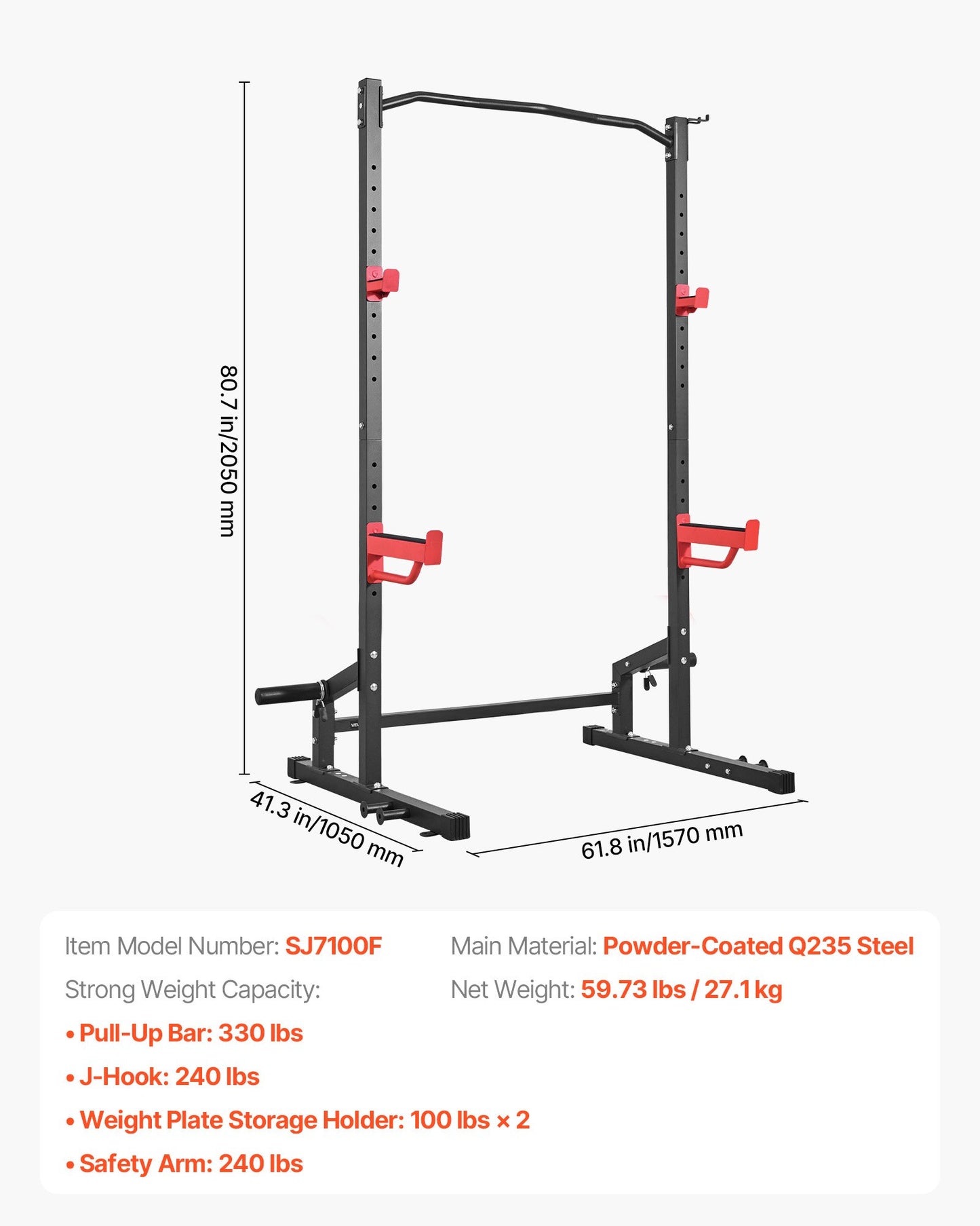 Power Cage Squat Rack, Multifunctional Power Rack Home Gym, Strength Training Workout Equipment with 4 Band Pegs, Adjustable J-Hooks & Safety Bars for Barbell Squat Bench Press Pull-Up