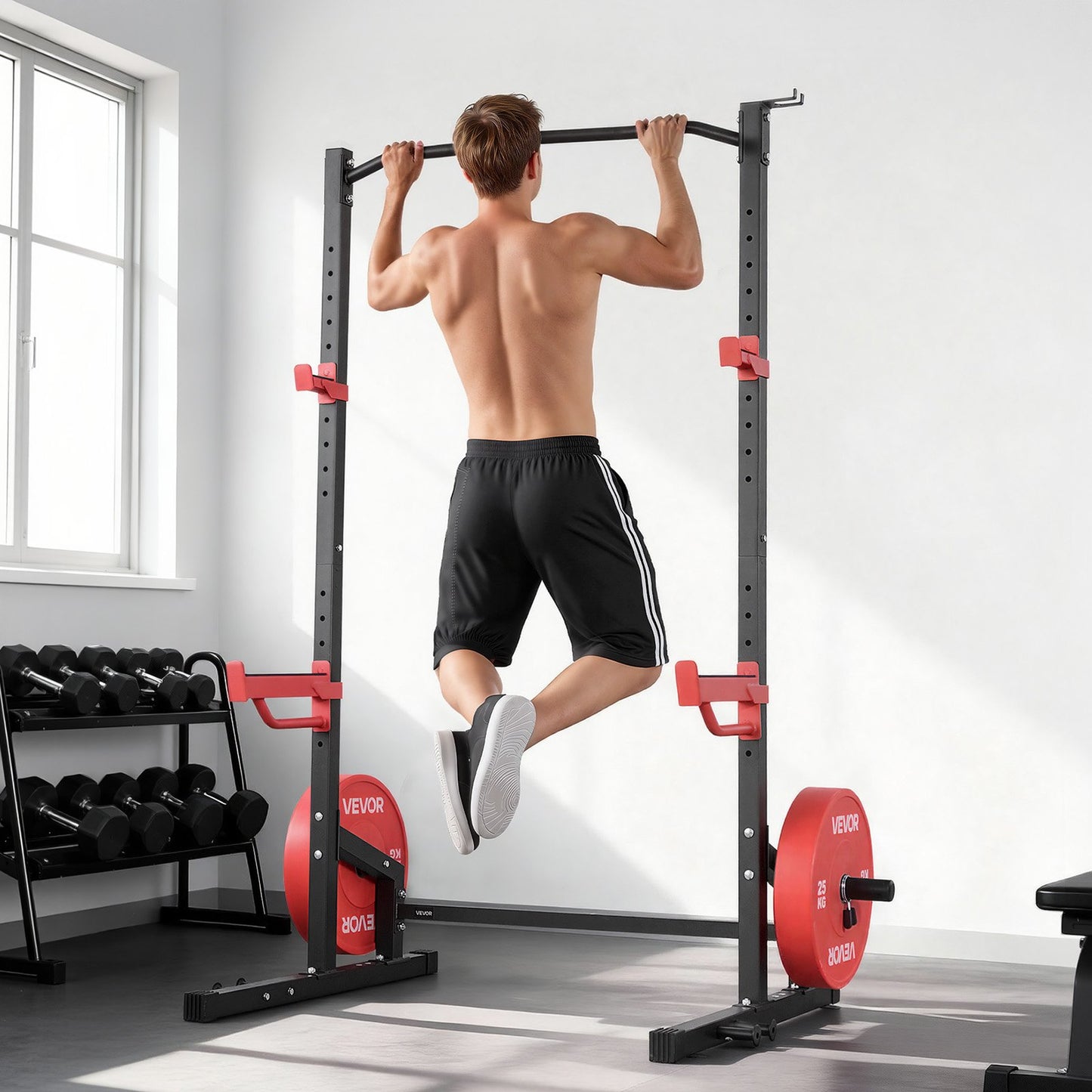 Power Cage Squat Rack, Multifunctional Power Rack Home Gym, Strength Training Workout Equipment with 4 Band Pegs, Adjustable J-Hooks & Safety Bars for Barbell Squat Bench Press Pull-Up