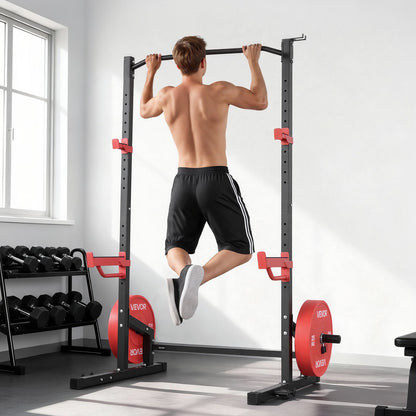 Power Cage Squat Rack, Multifunctional Power Rack Home Gym, Strength Training Workout Equipment with 4 Band Pegs, Adjustable J-Hooks & Safety Bars for Barbell Squat Bench Press Pull-Up