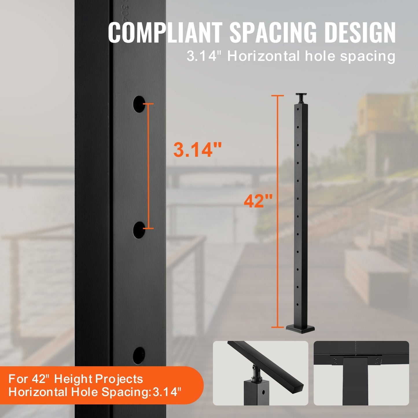 Stainless Steel Cable Railing Post for Decks & Stairs, Black, 106.7 x 2.5 x 5 cm