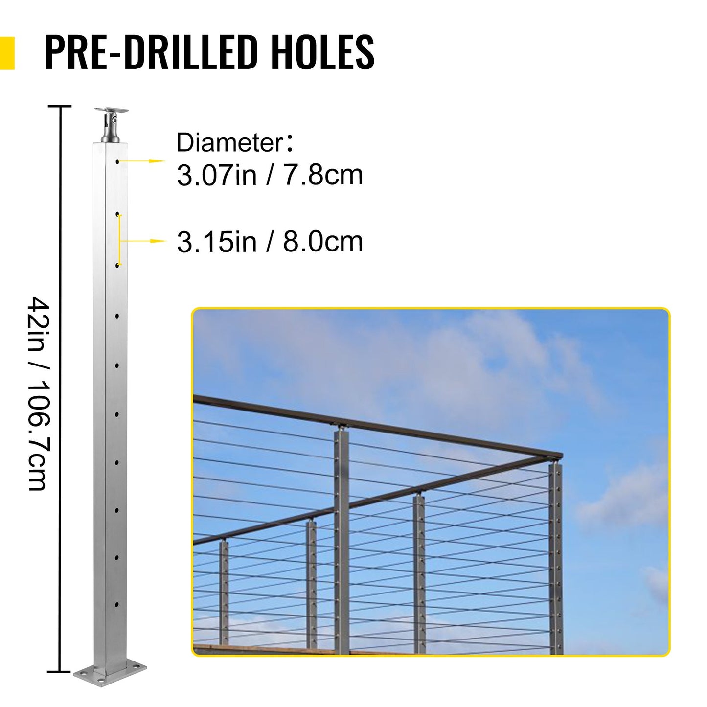 VEVOR Cable Railing Post, 1067 x 25 x 50mm, Level Deck Stair Post, Cable Handrail