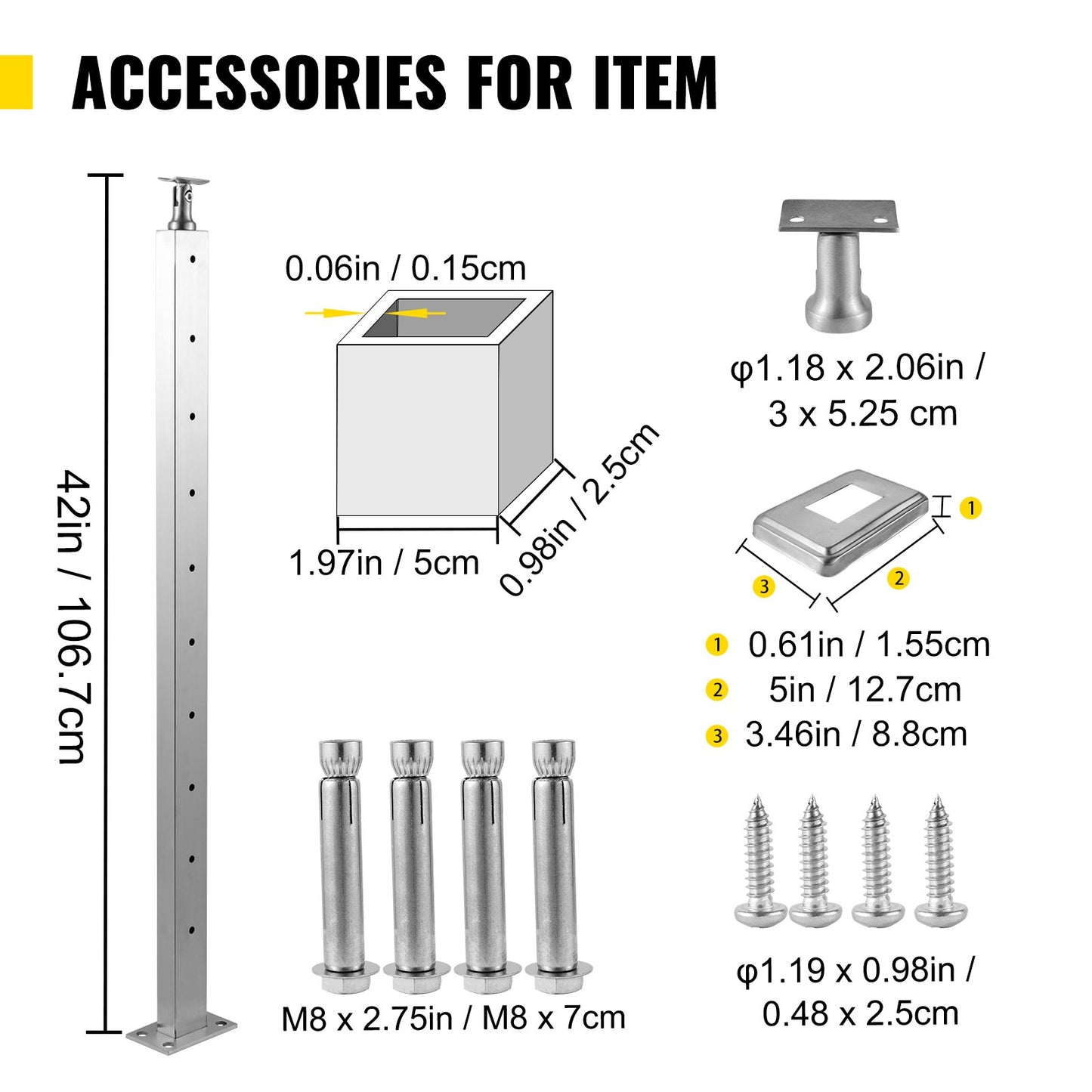 VEVOR Cable Railing Post, 1067 x 25 x 50mm, Level Deck Stair Post, Cable Handrail