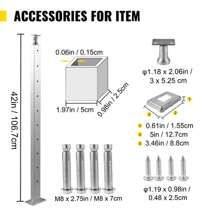VEVOR Cable Railing Post, 1067 x 25 x 50mm, Level Deck Stair Post, Cable Handrail