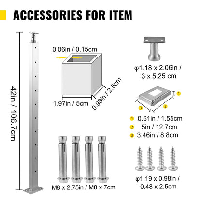Stainless Steel Cable Railing Post, 106.7 x 2.5 x 5 cm, for Decks and Stairs