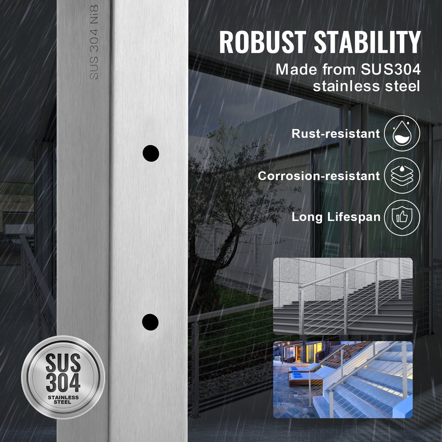 Stainless Steel Deck Stair Railing Post, 91.4x2.5x5cm, Pre-Drilled, Silver