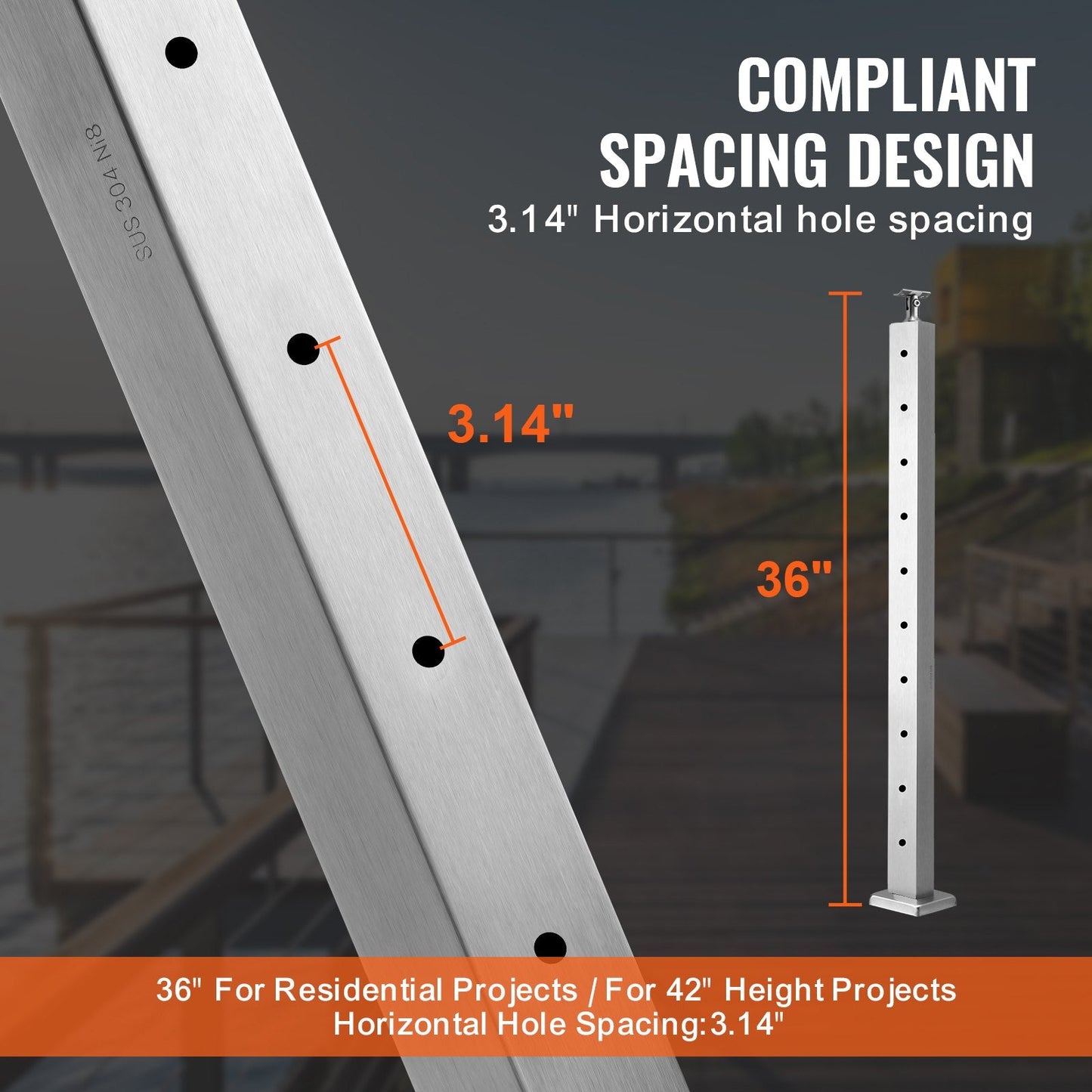 Stainless Steel Deck Stair Railing Post, 91.4x2.5x5cm, Pre-Drilled, Silver