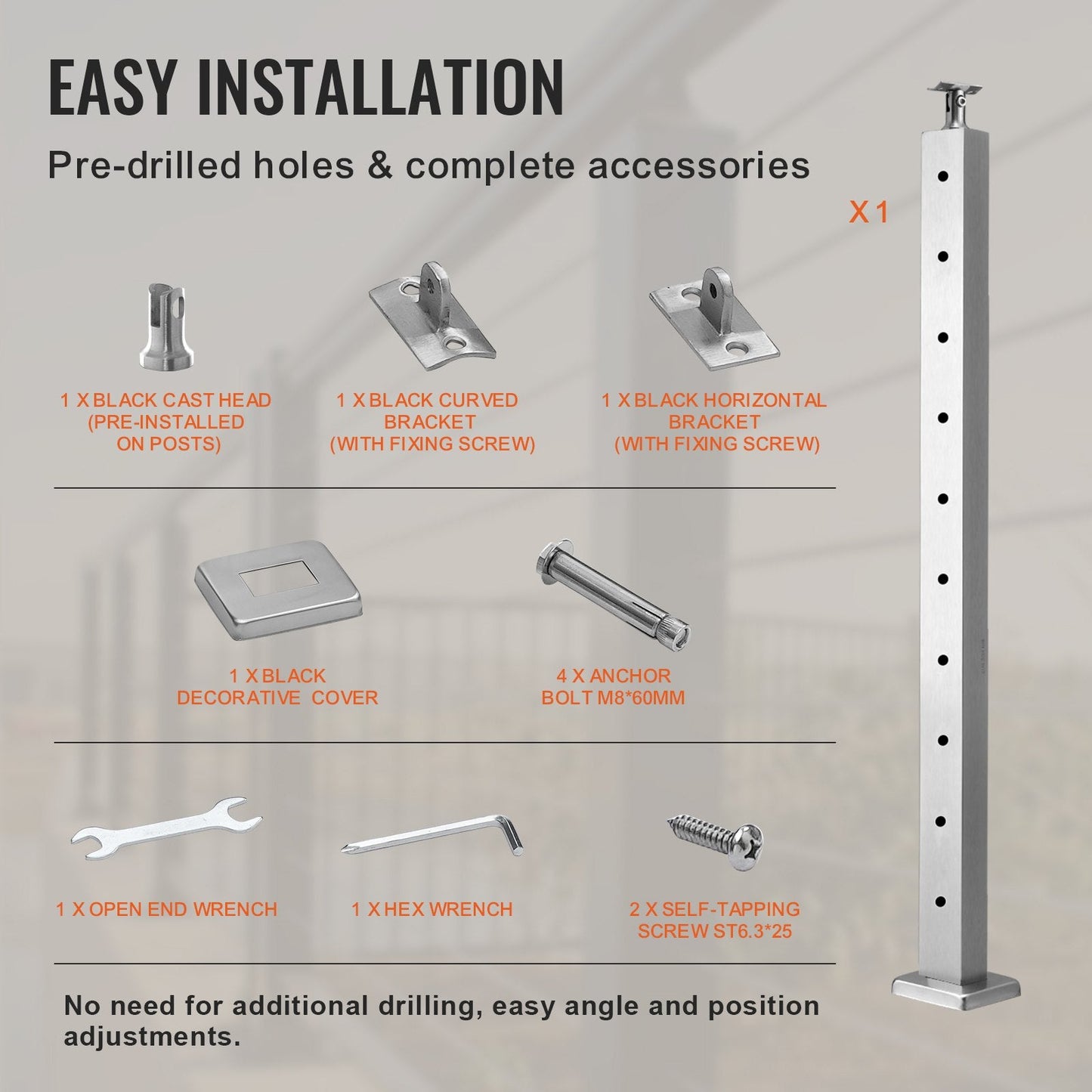 Stainless Steel Deck Stair Railing Post, 91.4x2.5x5cm, Pre-Drilled, Silver