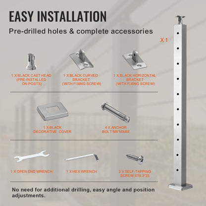 Stainless Steel Deck Stair Railing Post, 91.4x2.5x5cm, Pre-Drilled, Silver