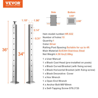 VEVOR Cable Railing Post Level Deck Stair Post 36 x 0.98 x 1.97" Cable Handrail