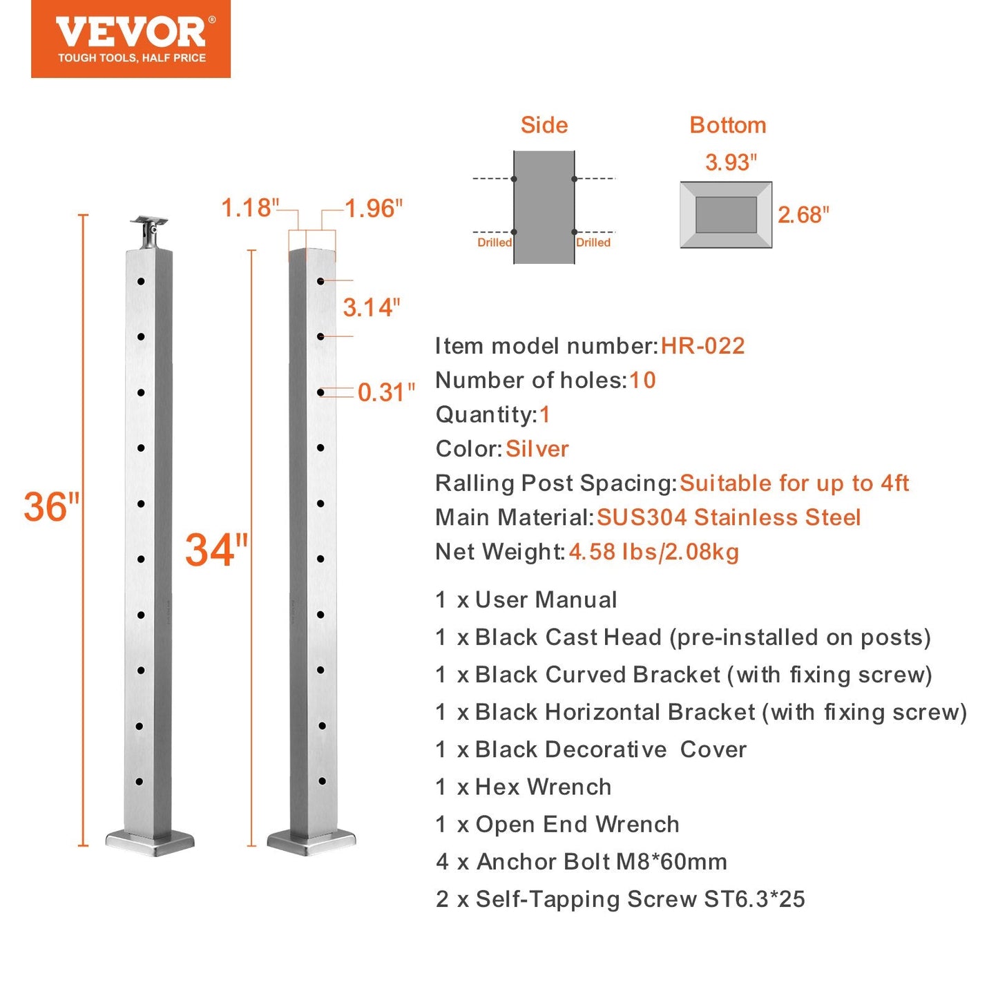 Stainless Steel Deck Stair Railing Post, 91.4x2.5x5cm, Pre-Drilled, Silver