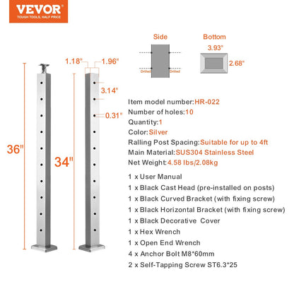 Stainless Steel Deck Stair Railing Post, 91.4x2.5x5cm, Pre-Drilled, Silver