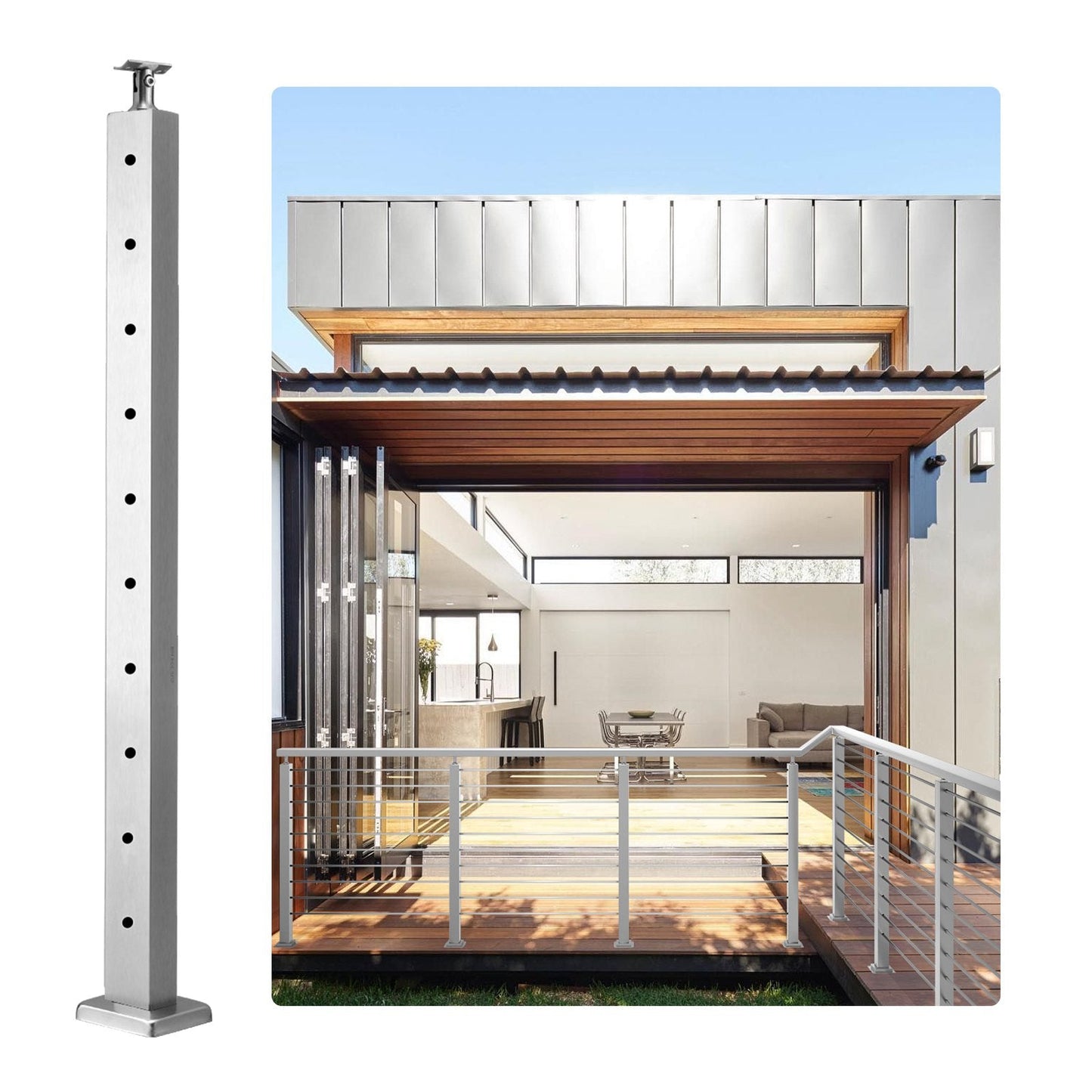 Stainless Steel Deck Stair Railing Post, 91.4x2.5x5cm, Pre-Drilled, Silver
