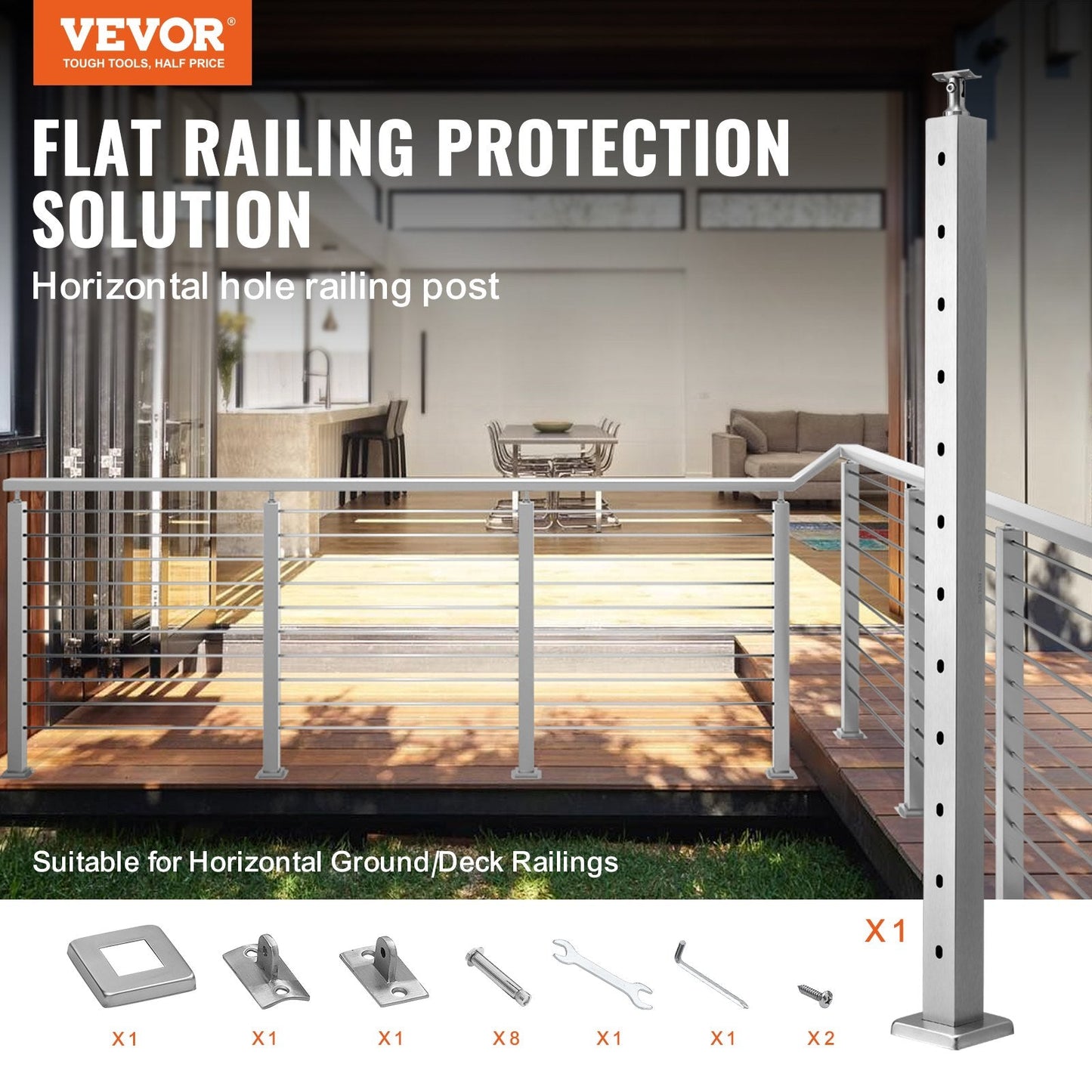 Stainless Steel Deck Stair Cable Railing Post with Multi-Angle Bracket, 106.7 cm