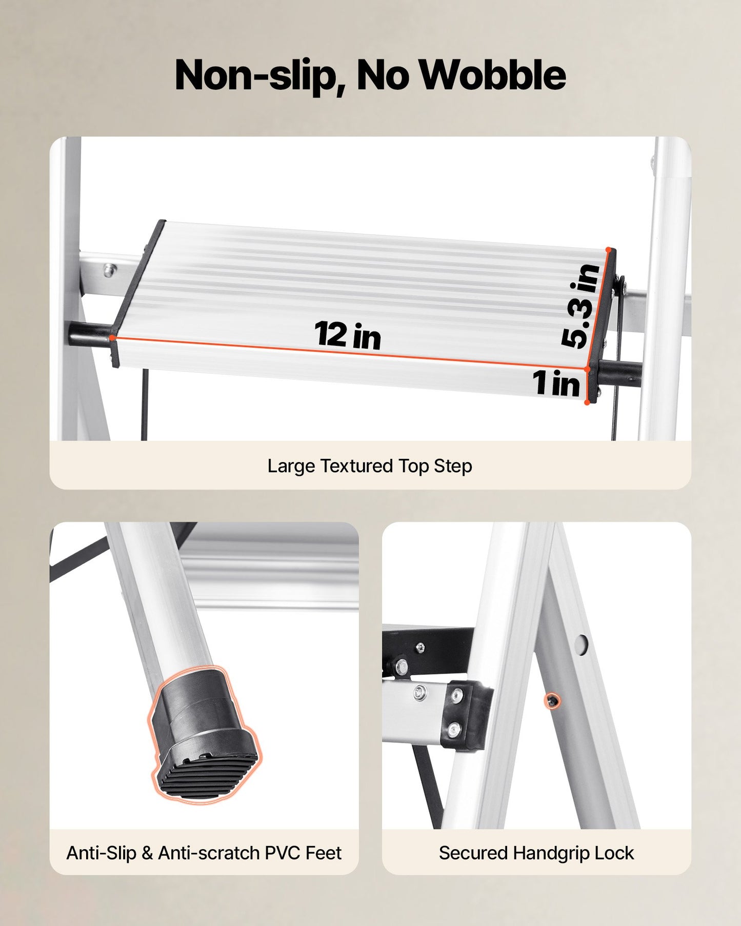 3 Step Ladder, Folding Step Stool with Wide Anti-Slip Pedal and Comfort Handgrip, 150 kg Capacity Portable Aluminum Stepladder, Multi-Use for Kitchen, Warehouse, Household and Office, Silver