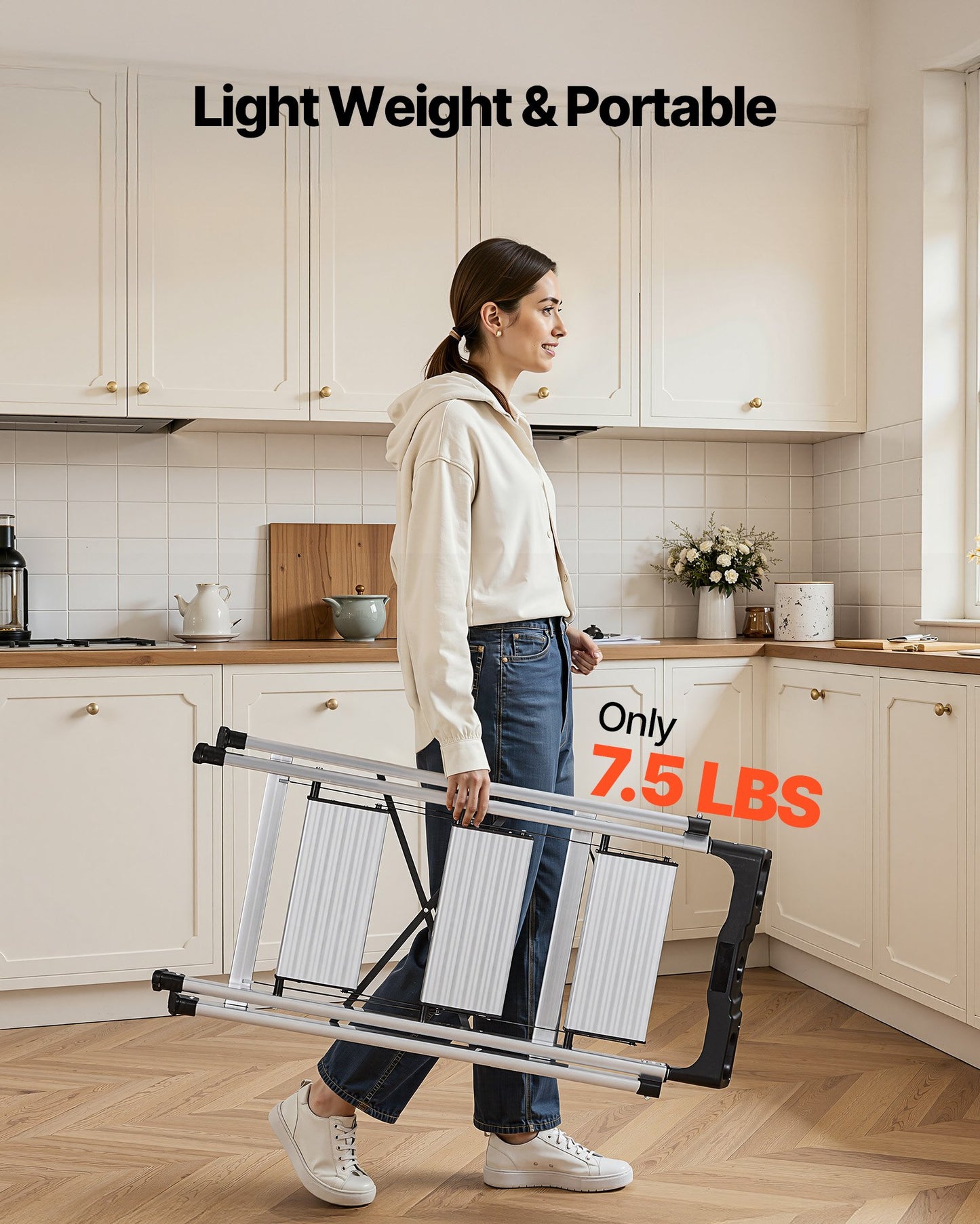 3 Step Ladder, Folding Step Stool with Wide Anti-Slip Pedal and Comfort Handgrip, 150 kg Capacity Portable Aluminum Stepladder, Multi-Use for Kitchen, Warehouse, Household and Office, Silver