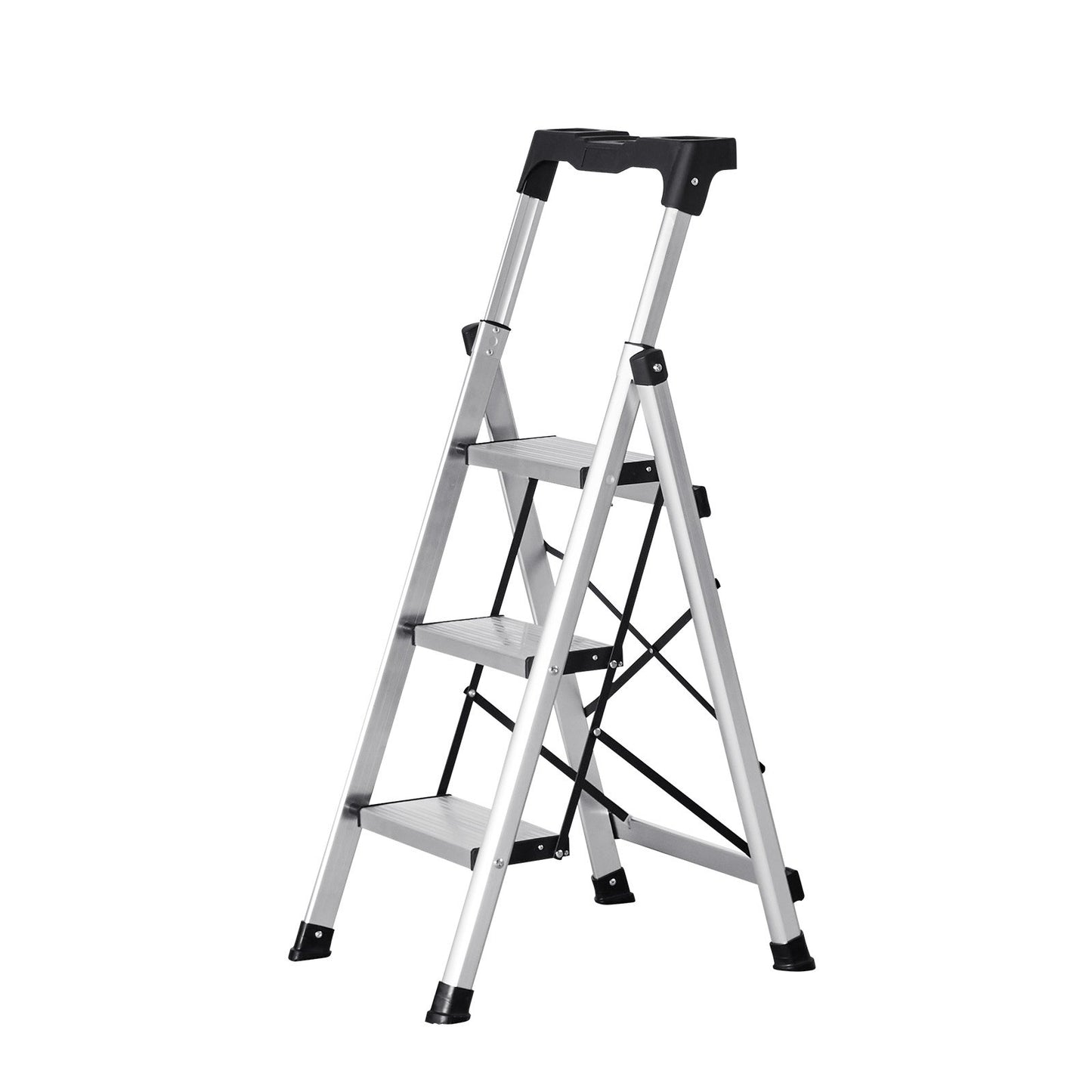 3 Step Ladder, Folding Step Stool with Wide Anti-Slip Pedal and Comfort Handgrip, 150 kg Capacity Portable Aluminum Stepladder, Multi-Use for Kitchen, Warehouse, Household and Office, Silver