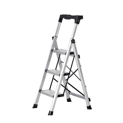 3 Step Ladder, Folding Step Stool with Wide Anti-Slip Pedal and Comfort Handgrip, 150 kg Capacity Portable Aluminum Stepladder, Multi-Use for Kitchen, Warehouse, Household and Office, Silver