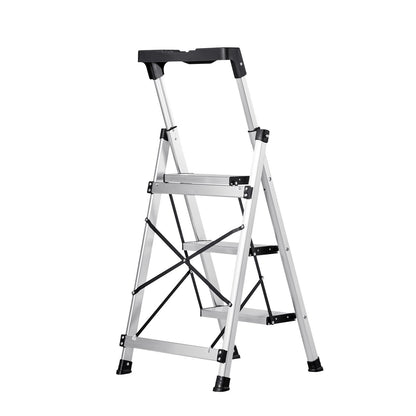 3 Step Ladder, Folding Step Stool with Wide Anti-Slip Pedal and Comfort Handgrip, 150 kg Capacity Portable Aluminum Stepladder, Multi-Use for Kitchen, Warehouse, Household and Office, Silver