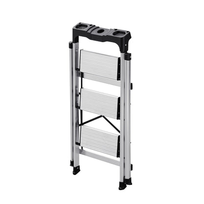 3 Step Ladder, Folding Step Stool with Wide Anti-Slip Pedal and Comfort Handgrip, 150 kg Capacity Portable Aluminum Stepladder, Multi-Use for Kitchen, Warehouse, Household and Office, Silver