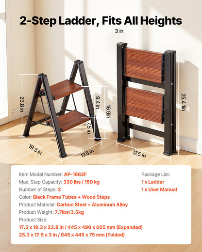 2 Step Ladder, Folding Step Stool with Wide Anti-Slip Pedal and Comfort Handgrip, Lightweight 150 kg Capacity Portable Aluminum Plant Support, Multi-Use for Adults, Home Repairing, Cleaning