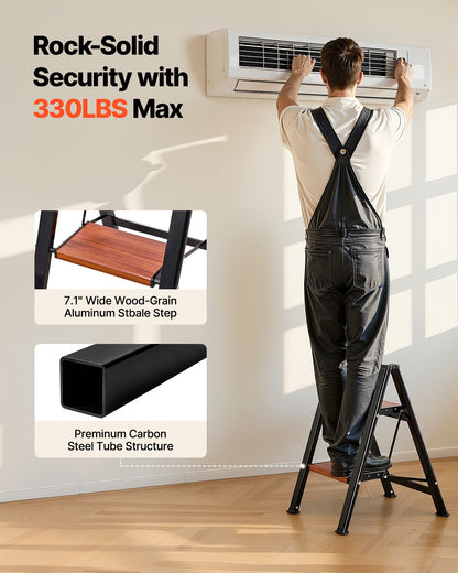 2 Step Ladder, Folding Step Stool with Wide Anti-Slip Pedal and Comfort Handgrip, Lightweight 150 kg Capacity Portable Aluminum Plant Support, Multi-Use for Adults, Home Repairing, Cleaning