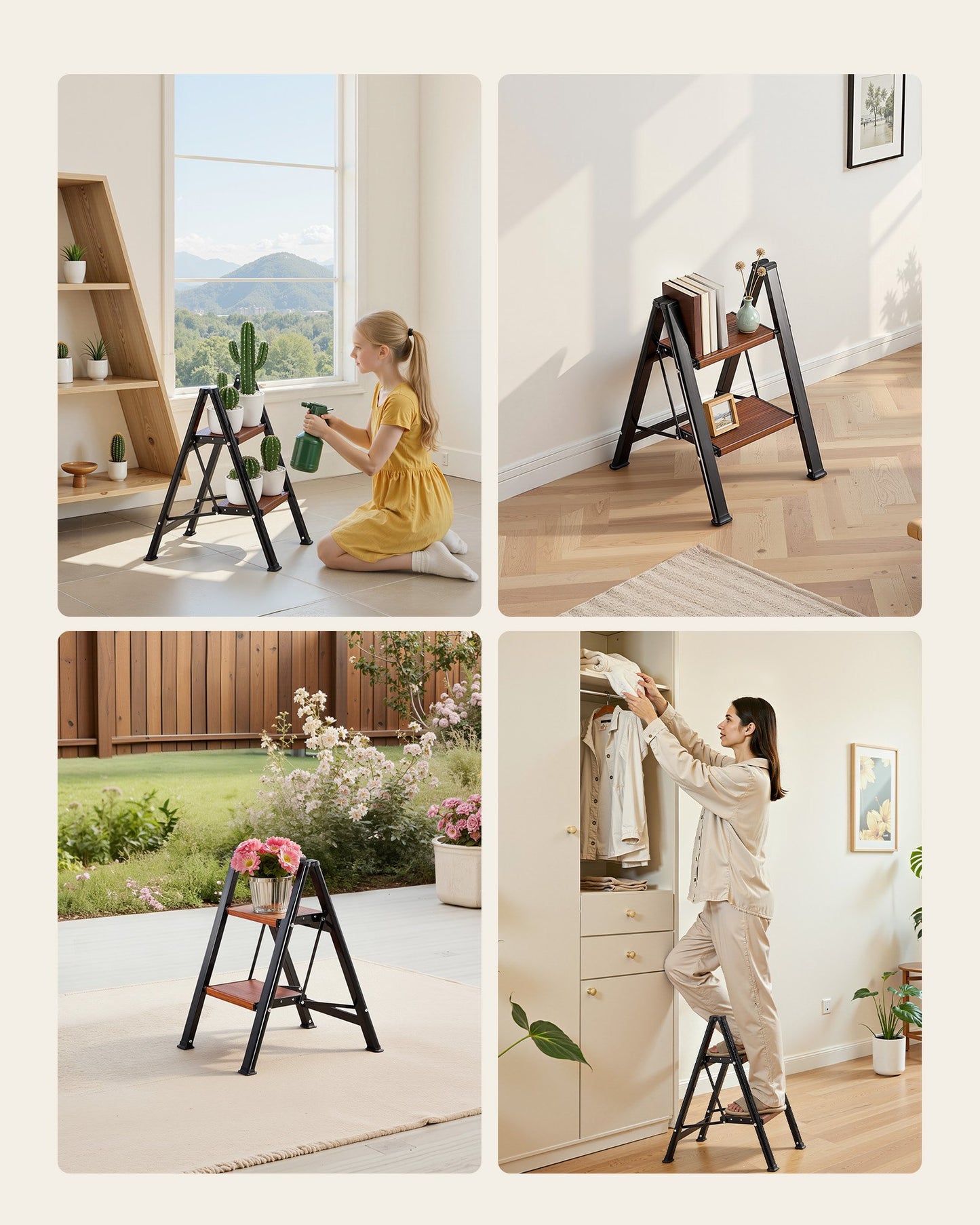 2 Step Ladder, Folding Step Stool with Wide Anti-Slip Pedal and Comfort Handgrip, Lightweight 150 kg Capacity Portable Aluminum Plant Support, Multi-Use for Adults, Home Repairing, Cleaning