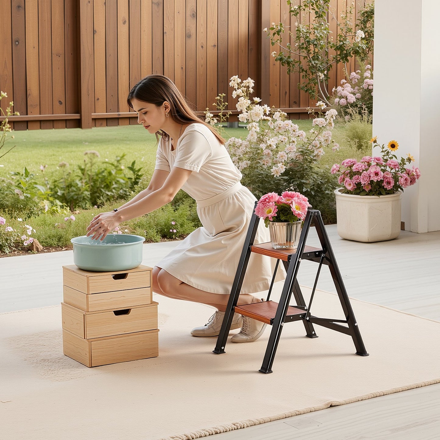 2 Step Ladder, Folding Step Stool with Wide Anti-Slip Pedal and Comfort Handgrip, Lightweight 150 kg Capacity Portable Aluminum Plant Support, Multi-Use for Adults, Home Repairing, Cleaning