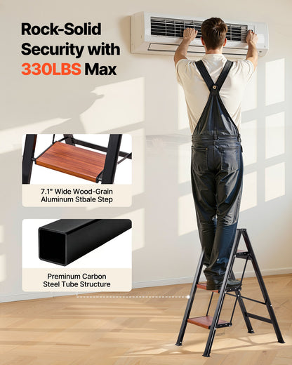 3 Step Ladder, Folding Step Stool with Wide Anti-Slip Pedal and Comfort Handgrip, Lightweight 150 kg Capacity Portable Aluminum Plant Support, Multi-Use for Adults, Home Repairing, Cleaning