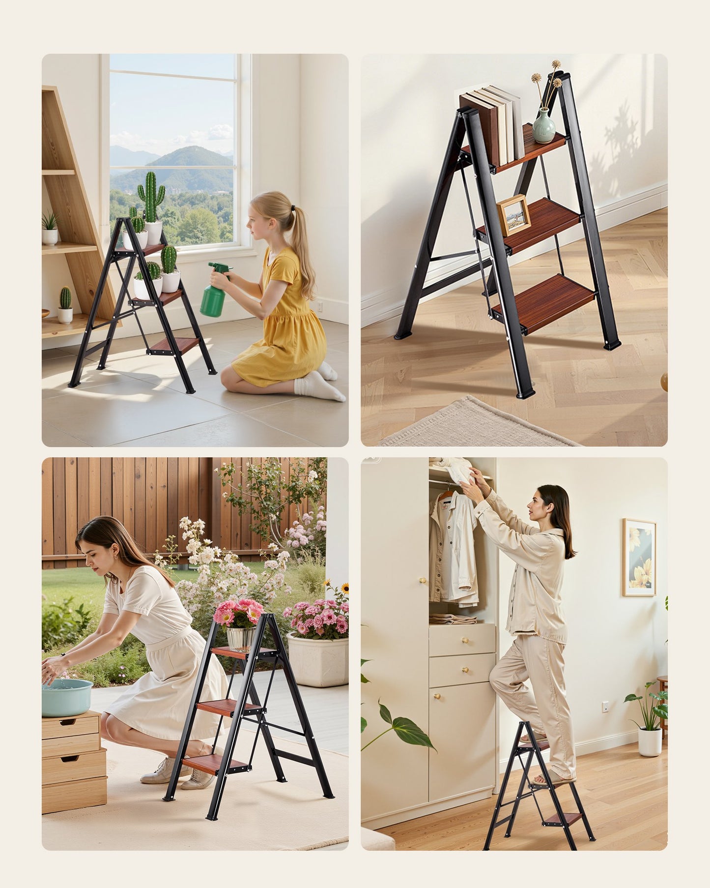 3 Step Ladder, Folding Step Stool with Wide Anti-Slip Pedal and Comfort Handgrip, Lightweight 150 kg Capacity Portable Aluminum Plant Support, Multi-Use for Adults, Home Repairing, Cleaning