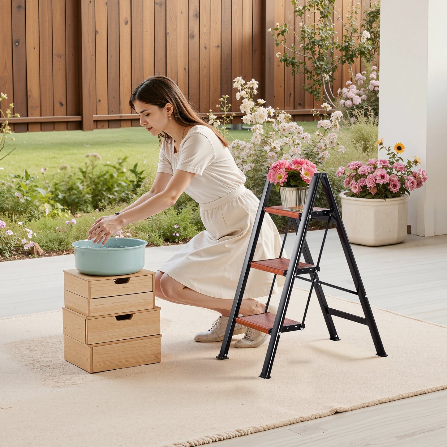 3 Step Ladder, Folding Step Stool with Wide Anti-Slip Pedal and Comfort Handgrip, Lightweight 150 kg Capacity Portable Aluminum Plant Support, Multi-Use for Adults, Home Repairing, Cleaning