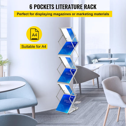 Portable Aluminum Magazine Rack with 6 Pockets, 2 kg Capacity, Silver Finish