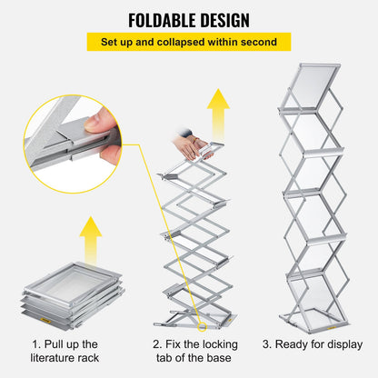 Portable Aluminum Magazine Rack with 6 Pockets, 2 kg Capacity, Silver Finish