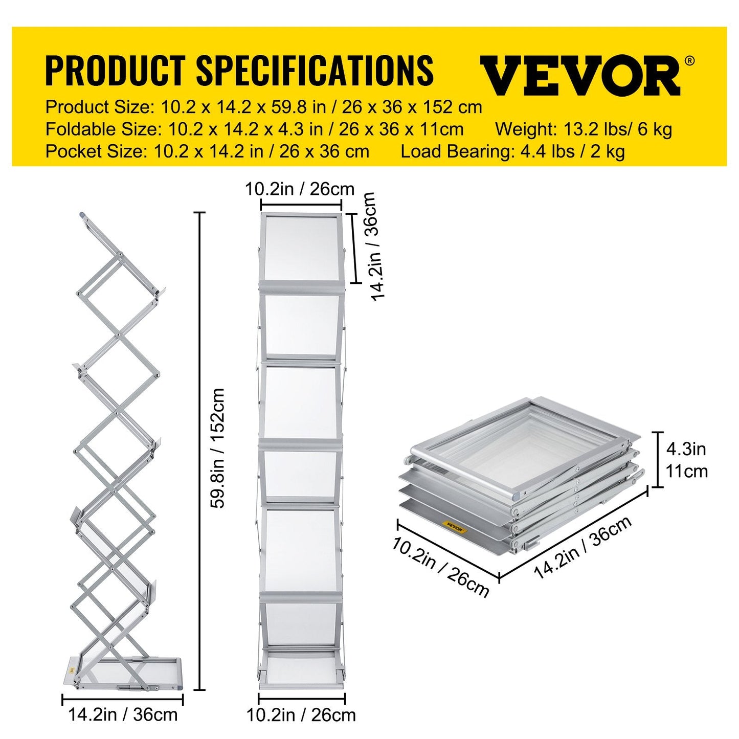 Portable Aluminum Magazine Rack with 6 Pockets, 2 kg Capacity, Silver Finish