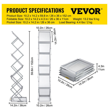 Portable Aluminum Magazine Rack with 6 Pockets, 2 kg Capacity, Silver Finish