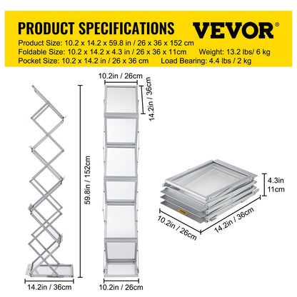 VEVOR Literature Rack, 6 Pockets, Pop up Aluminum Magazine Rack, Lightweight Catalog