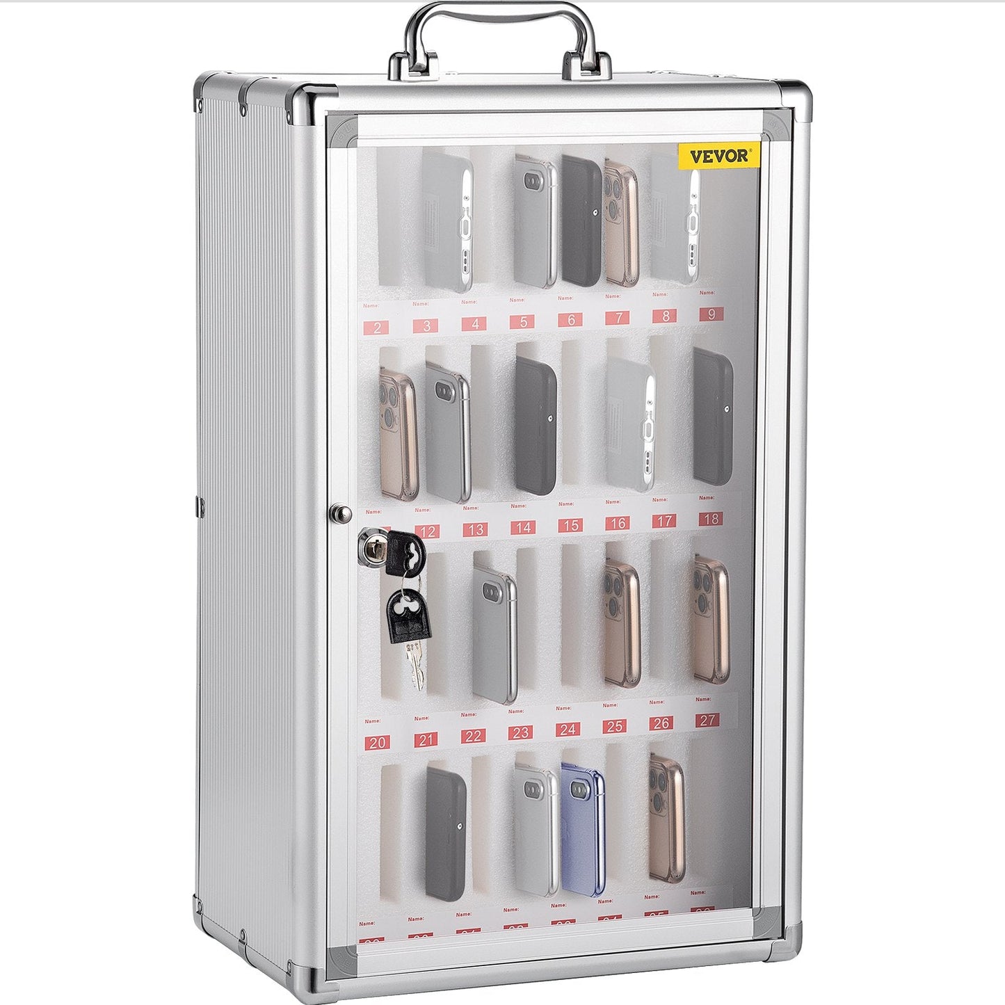 Wall-Mounted 36-Slot Cell Phone Storage Cabinet with Key Lock, Silver