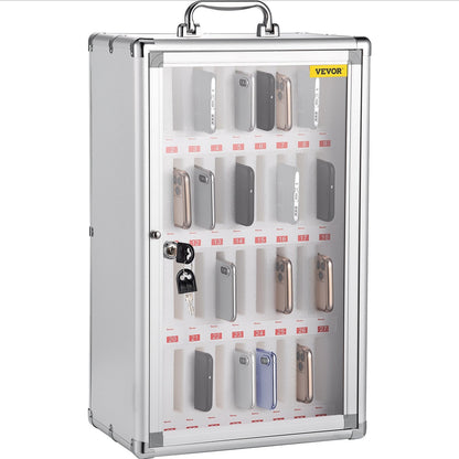 Wall-Mounted 36-Slot Cell Phone Storage Cabinet with Key Lock, Silver