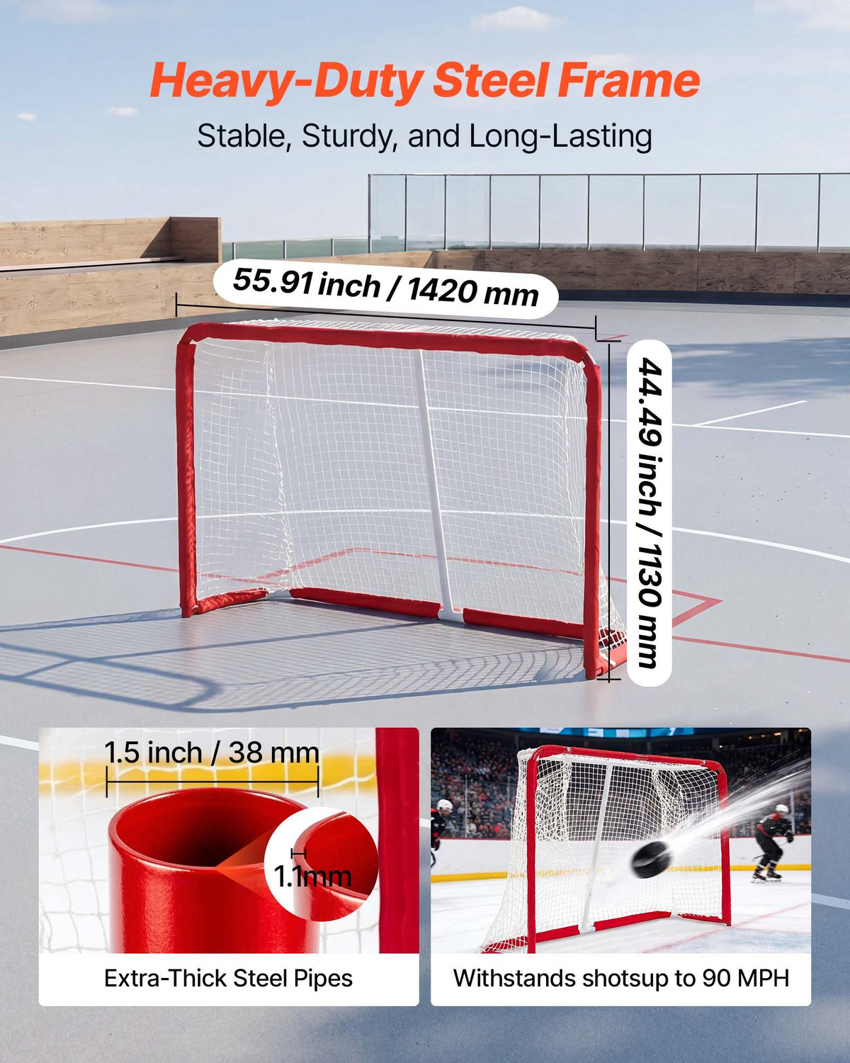 Street Hockey Goal, Heavy-Duty Steel Street + Roller Hockey Nets, Durable Hockey Net for Indoor & Outdoor Use, Lightweight Portable Training, Easy Assembly for Backyard Park Garage, 142x113 cm