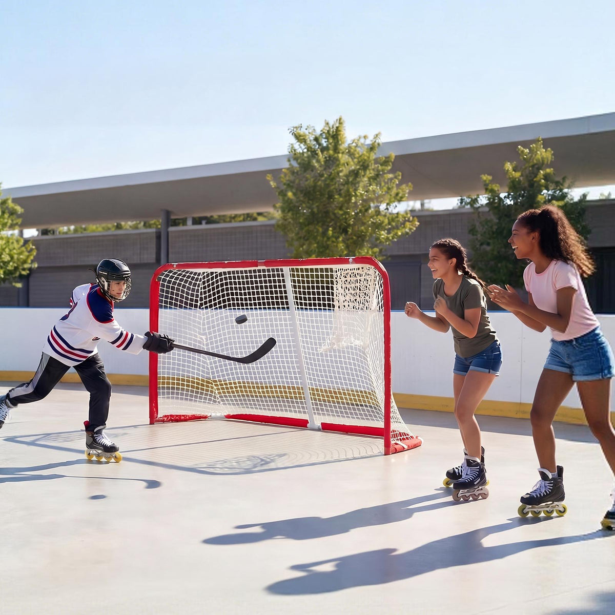 Street Hockey Goal, Heavy-Duty Steel Street + Roller Hockey Nets, Durable Hockey Net for Indoor & Outdoor Use, Lightweight Portable Training, Easy Assembly for Backyard Park Garage, 142x113 cm