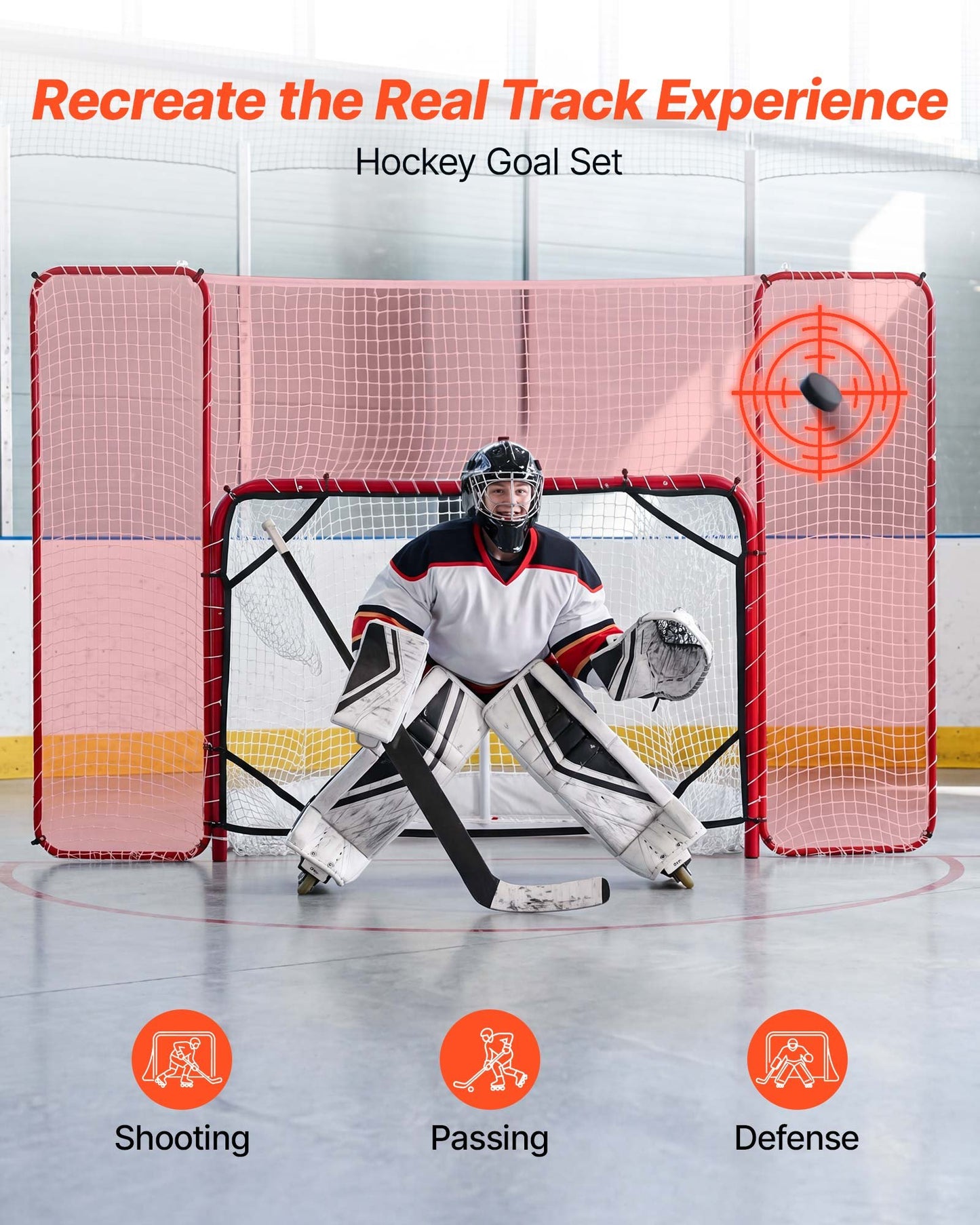 Hockey Goal with Backstop and Targets, 307x183 cm Street Steel Hockey Goal Set, Pro Lightweight and Portable Training Equipment, Durable Net for Indoor & Outdoor Use, Easy Assembly, White/Red