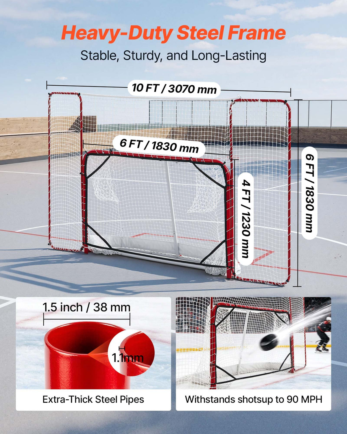 Hockey Goal with Backstop and Targets, 307x183 cm Street Steel Hockey Goal Set, Pro Lightweight and Portable Training Equipment, Durable Net for Indoor & Outdoor Use, Easy Assembly, White/Red