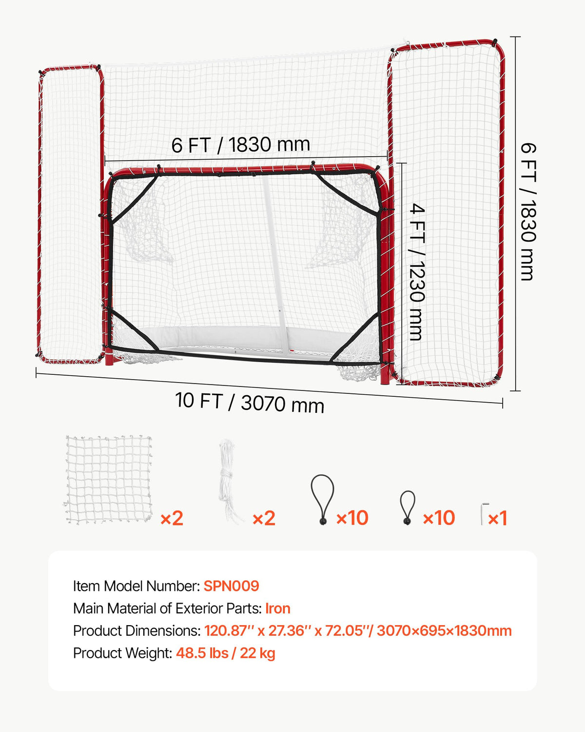 Hockey Goal with Backstop and Targets, 307x183 cm Street Steel Hockey Goal Set, Pro Lightweight and Portable Training Equipment, Durable Net for Indoor & Outdoor Use, Easy Assembly, White/Red