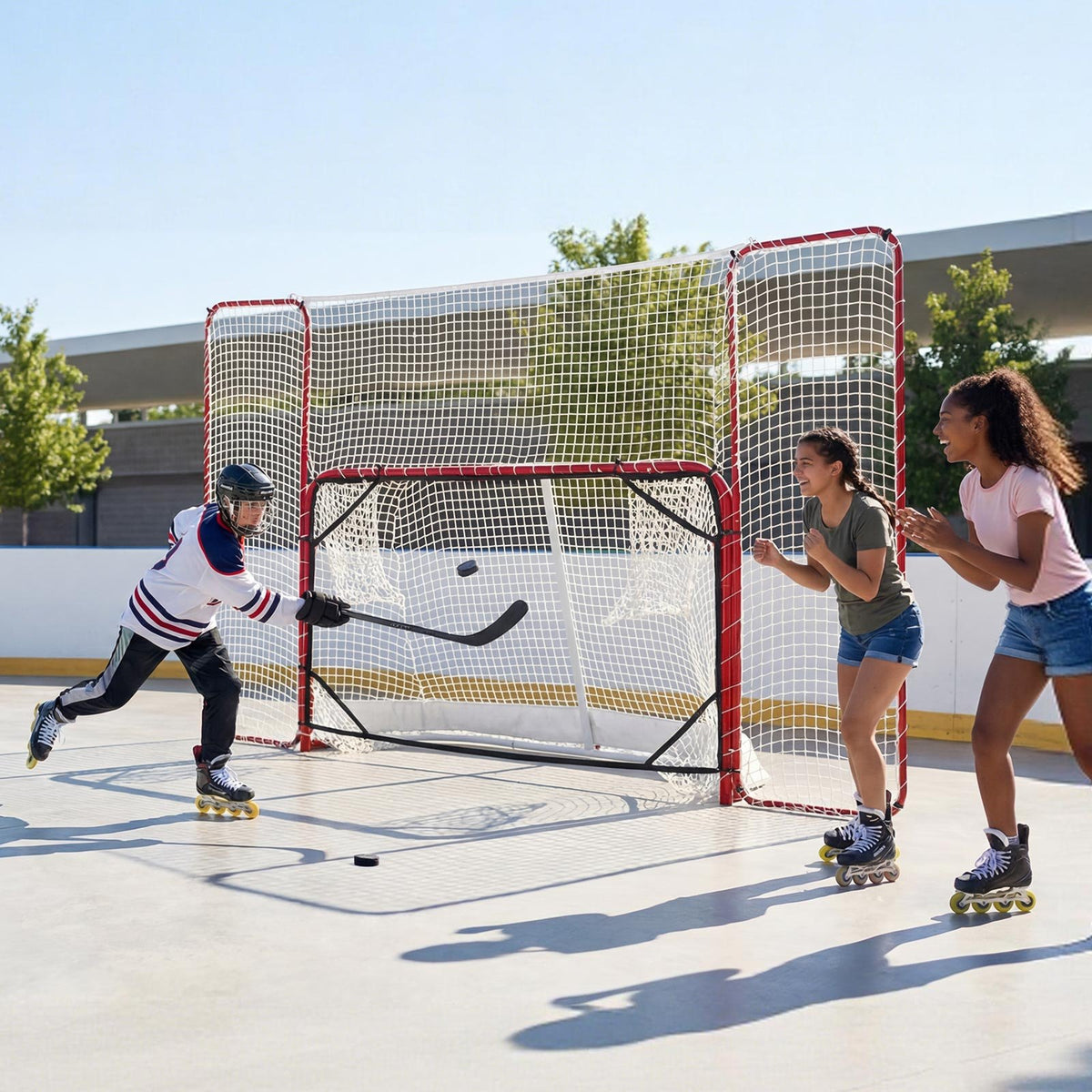 Hockey Goal with Backstop and Targets, 307x183 cm Street Steel Hockey Goal Set, Pro Lightweight and Portable Training Equipment, Durable Net for Indoor & Outdoor Use, Easy Assembly, White/Red