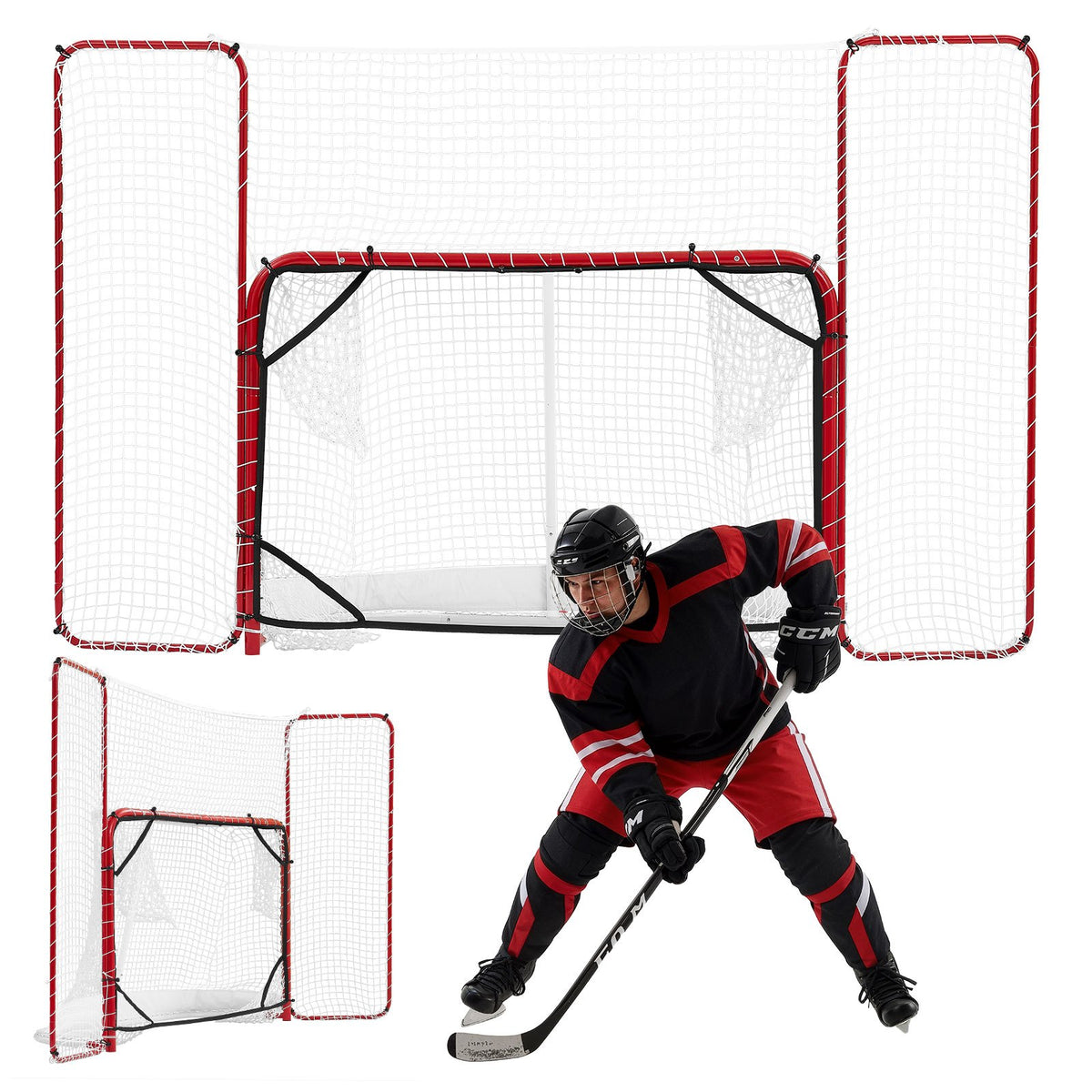 Hockey Goal with Backstop and Targets, 307x183 cm Street Steel Hockey Goal Set, Pro Lightweight and Portable Training Equipment, Durable Net for Indoor & Outdoor Use, Easy Assembly, White/Red